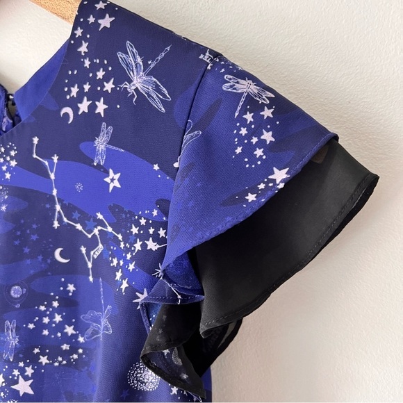 Three Floor Navy Blue Afterglow Cosmic Star Printed Mini Dress - Picture 9 of 15